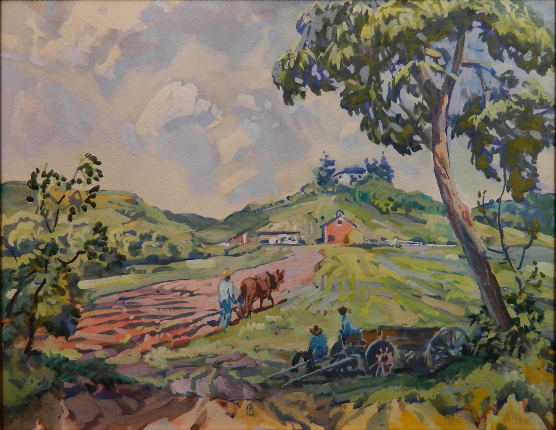 Frank N. Wilcox watercolor: Frank N. Wilcox (American 1887-1964)- ''Farm Scene with Plowing''- watercolor on paper, signed Wilcox lower right. 18 1/2 x 23 1/2''