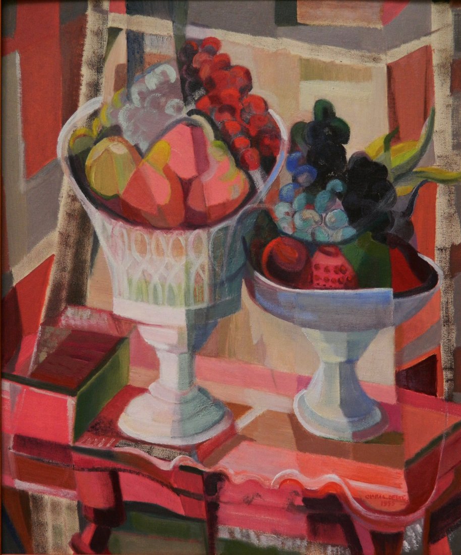 Clara Deike oil: Clara Deike (American 1881-1964)- ''Still LIfe No. 1''- oil on canvasboard, signed Clara L. Deike 1955 lower right. 24 x 20'' Exhibited: The 38th Annual May Show, Cleveland Museum of Art, 1956.