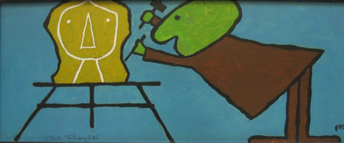 Stan Fraydas oil: Stan Fraydas (American 20th c.)- The Sculptor- oil on panel, signed Fraydas lower right, very good condition. 9 1/2 x 24 1/2''