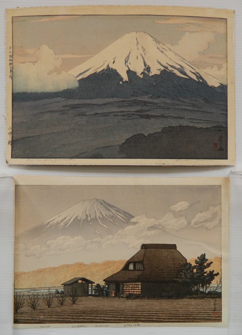 Hiroshi Yoshida woodblock: Hiroshi Yoshida- ''Fujisan From Yamanaka''- woodblock in colors, 1947, signed in pencil, with jizuri notation in left margin above dated in Japanese, laid down; together with Hasui Kawase- Mt. Fuji fr