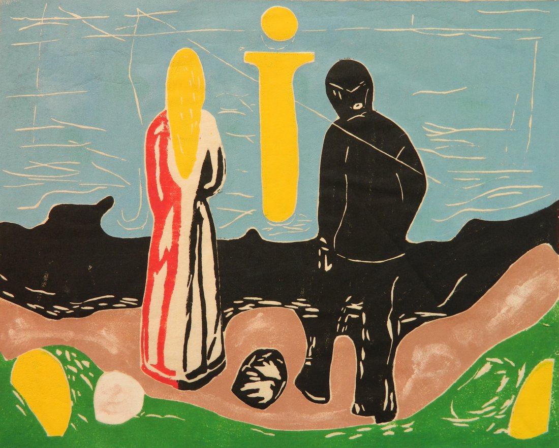 copy after Edvard Munch woodcut: copy after Edvard Munch- The Lonely Ones- woodcut in colors; together with a 20th c. European etching- Girl's Portrait, signed illegibly in pencil, numbered 12/7. 12 x 15''; 11 1/2 x 9 1/4''