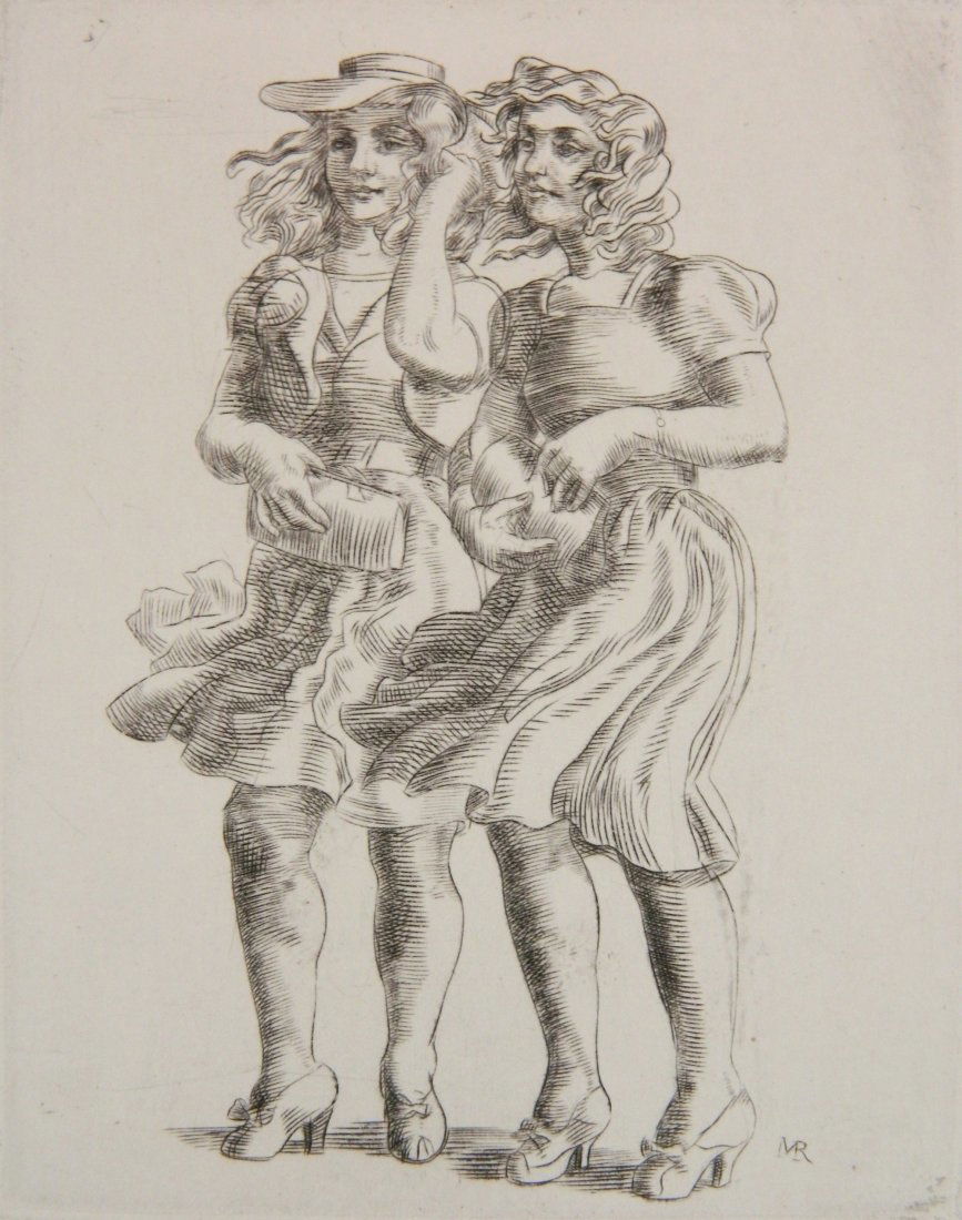 Reginald Marsh etching: Reginald Marsh- ''Two Girls in the Wind'' (Sasowsky 176)- etching, numbered 74/100 in pencil, as published by the Whitney Museum in 1969, very good condition. 5 x 3 7/8''