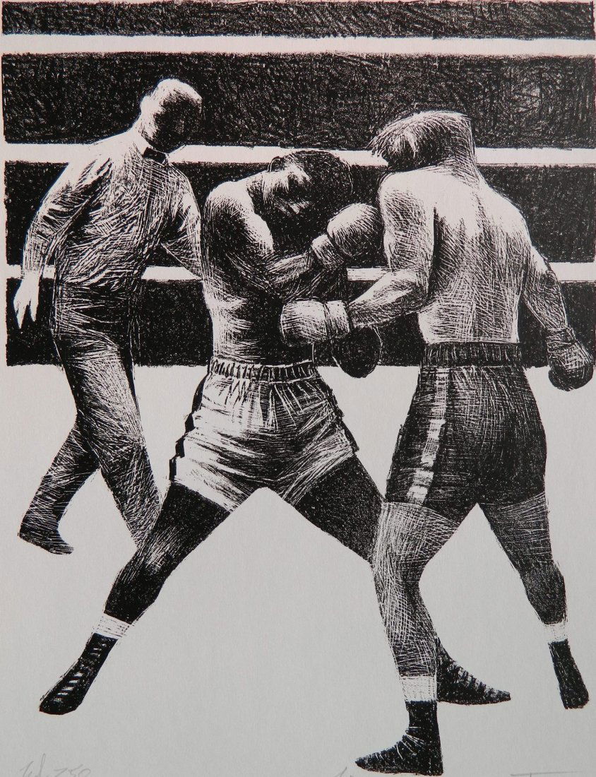 Fletcher Martin lithograph: Fletcher Martin- ''Toe to Toe''- lithograph, 1965, signed and annotated 'Ed. 250' in pencil, very good condition. 13 x 9 1/4''