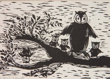 Leon Gordon Miller linocut: Leon Gordon Miller- ''The Owl Family''- linocut, signed, titled and numbered 10/50 in pencil. 4 1/2 x 6 1/2''