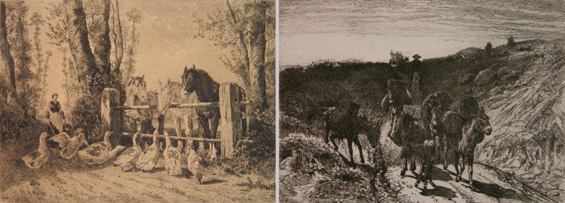 Peter Moran 2 etchings: Peter Moran- ''A Burro Train - New Mexico'' (Wrigth 42); ''In Normandie'' (Wrught 117)- 2 etchings,1881, 1889, slight mat burn, some staining in margins. 6 5/8 x 9 1/2''; 7 7/8 x 10 3/4''