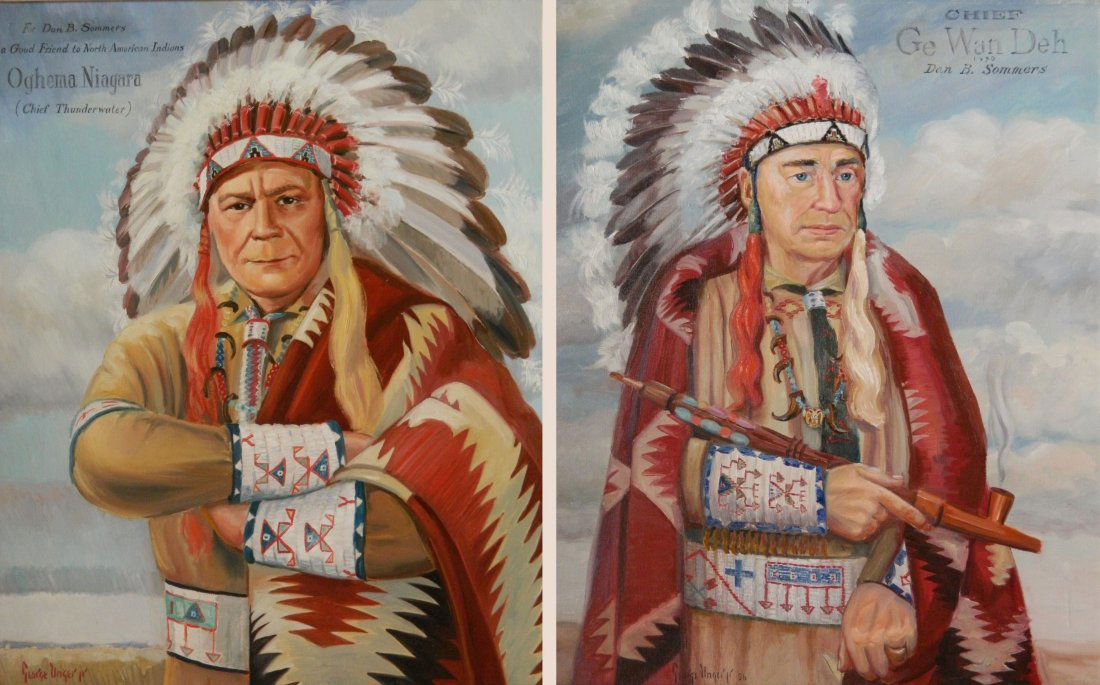 George Unger 2 oils: George Unger- ''For Dan B. Sommer / A Good Friend North American Indian / Oghema Niagra''; and ''Chief Ge Wan Deh''- 2 oils on canvas, 1950, both signed George Unger, both titled. 30 x 24''