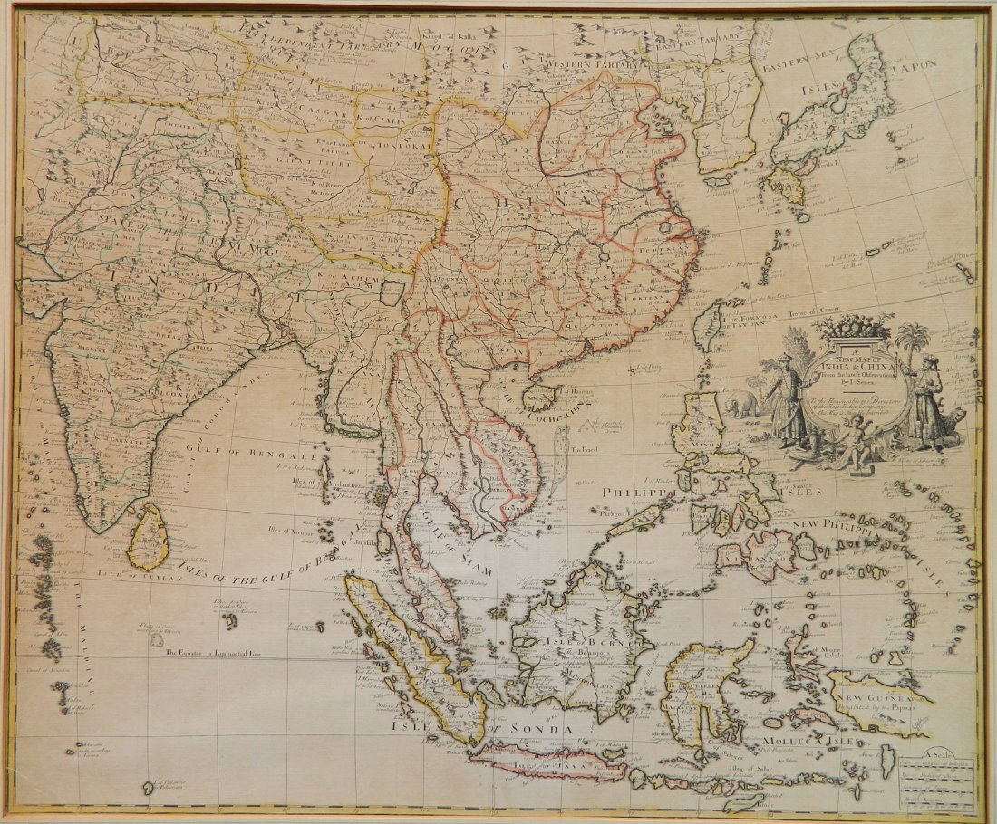 John Senex engraved map: John Senex- ''A New Map of India and China from Latest Observations''- engraved map, with outline color, paper toning. 19 1/4 x 23 1/4''
