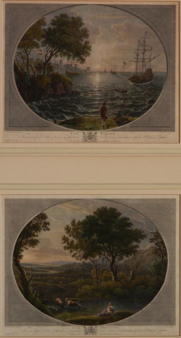 after Claude Lorrain 2 engravings: after Claude Lorrain- ''Sun Rising''; ''Sun Setting''- 2 engravings with hand-coloring, published by John Boydell, 1771. 13 3/8 x 17 7/8'' ea.