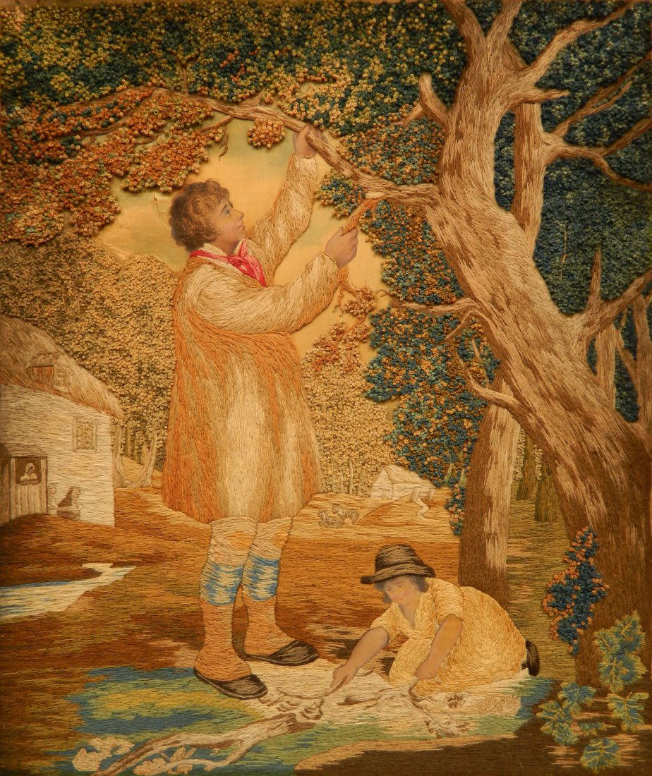 19th c. British textile after George Morland: 19th c. British textile after George Morland- ''Morland's Cottager''- gouache and embroidery on silk, several tears. 19 1/4 x 16 1/4''