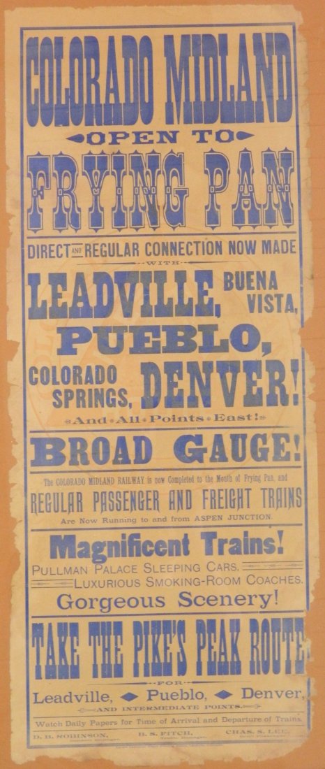 Colorado Midland Railroad advertising poster: Colorado Midland Railroad advertising poster, appears to be mounted to board. 26 3/4 x 10 7/8''