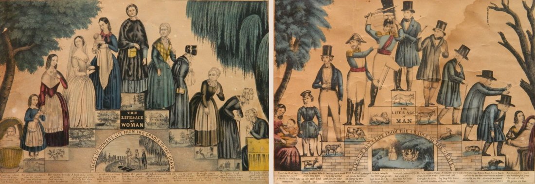 2 Kellogg and Comstock lithographs: 2 Kellogg and Comstock lithographs- ''The Life and Age of A Man, Stages of Man's Life from the Cradel to the Grave''; ''The Life and Age of A Woman, Stages of Woman's Life from Cradle to the Grave''- 