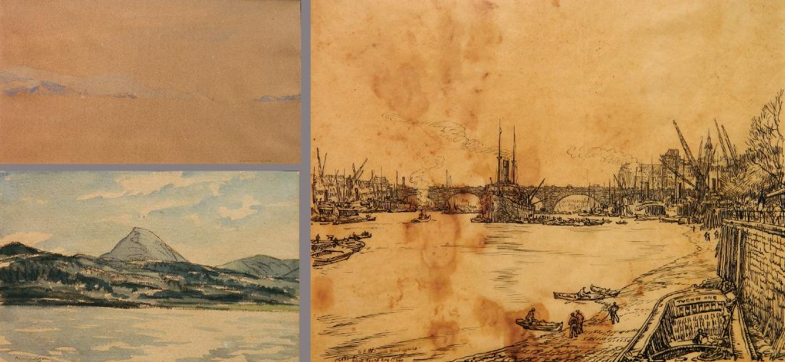 Muirhead Bone 2 watercolor: Muirhead Bone- ''Beinn Talaidh Mull''; ''Cape Corpse, Corsica''; ''Lodon Bridge''- 2 watercolor on papers and 1 pen and ink, all 3 signed, heavily light struck and some stains, 'London Bridge' was rep