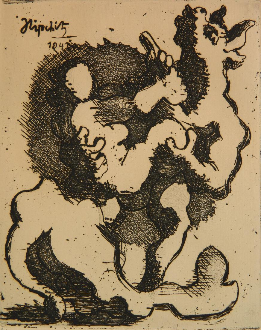Jacques Lipchitz etching: Jacques Lipchitz- ''The Rape of Europa''- etching, 1941, signed J. Lipchitz ed. 22/50 in pencil, faint handling creases in margins. 6 3/4 x 5 1/2''