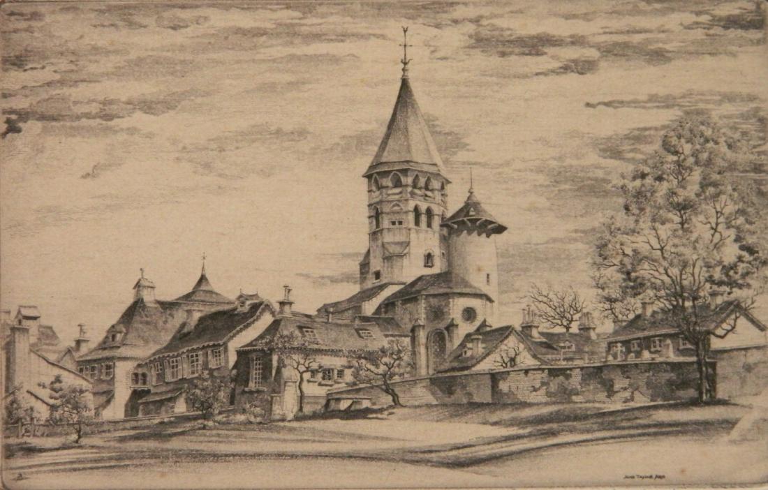 John Taylor Arms etching: John Taylor Arms- ''Ceignac'' (Fletcher 422)- etching, 1950, signed an dated in pencil, French Church Series #53, mat burn, light struck, a few small brown spots in image. 3 1/2 x 5 1/2''