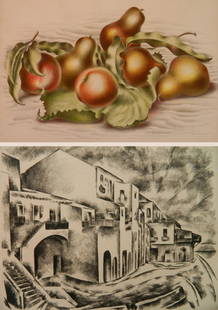 Albert Heckman 1 lithograph and 1 etching: Albert Heckman- Fruit Forms: ''Sicillian Street''- 1 lithograph in colors and 1 etching, both signed in pencil, very slight mat burn. 15 1/2 x 10 1/2''; 8 1/4 x 10 1/2''