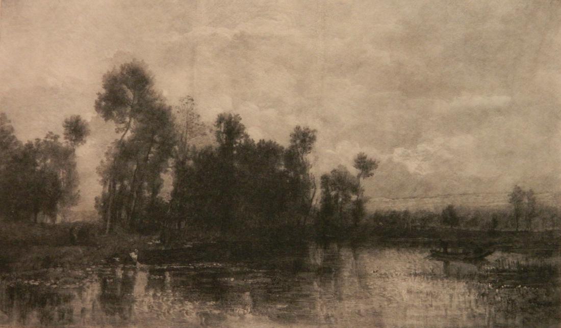 Elbridge Kingsley wood engraving: Elbridge Kingsley- ''Midsummer - Edge of Pond''- wood engraving on Japan Pelure, 1888, signed in pencil, minor paper loss in lower right corner. 8 1/2 x 14 3/8''