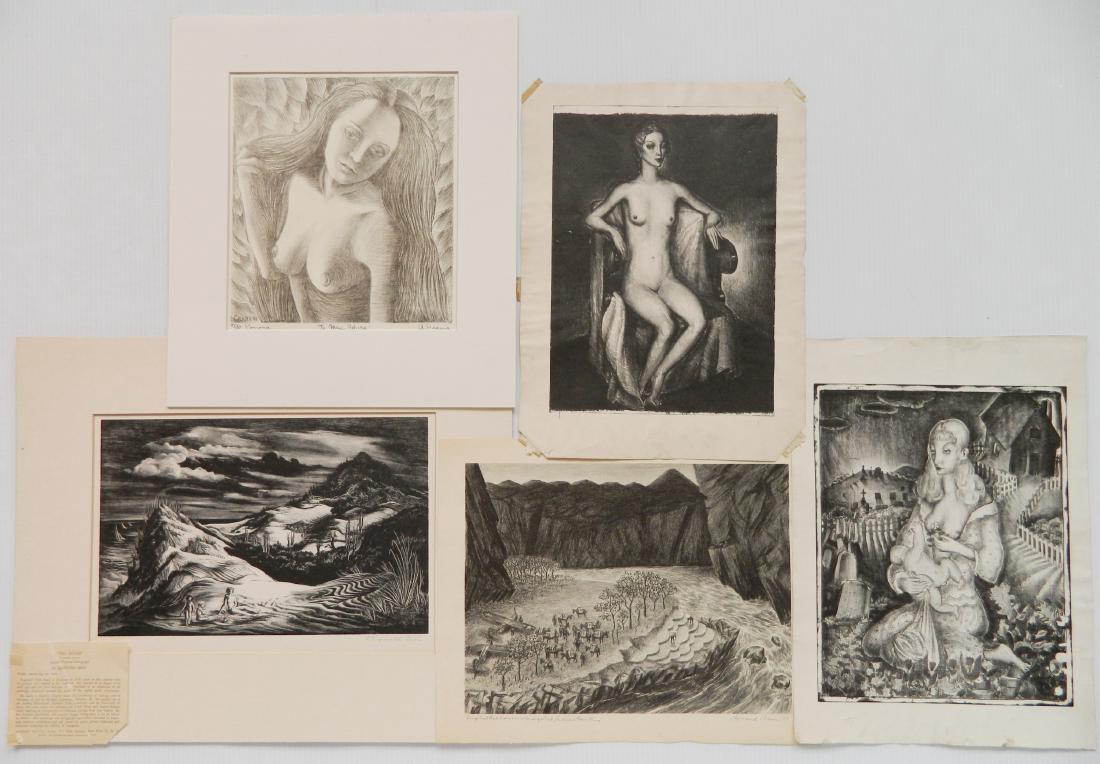 5 American lithographs: 5 American lithographs- 1). Alan Crane- ''Pomona'' 2). Reginald Neal- ''The Dunes'' 3). Howard Ban- ''Surgical Pack Train on L-S Landing Strip, Salween River China'' 4) & 5). To unknown- Mother and Ch
