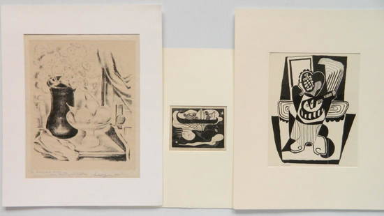 3 Prints: 3 Prints- 1.) Leon Gordon Miller- Fisherman- woodcut; 2.) after Pablo Picasso- Still-Life wiht Guitar- woodcut, engraved by Aubert, edition of 1200; 3.) Anaton Shulkin- Still-Life with Pears- lithogra