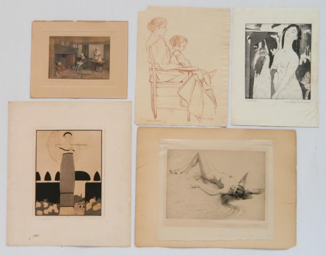 5 Prints of Women: 5 Prints of Women- 1). Albert Sterner- Womand and Child- conte crayon drawing 2). Arthur B. Davies- Standing Female Nude- etching 3). Bernard B. De Monvel- Woman with Umbrella- etching 4). J. F. Sperr