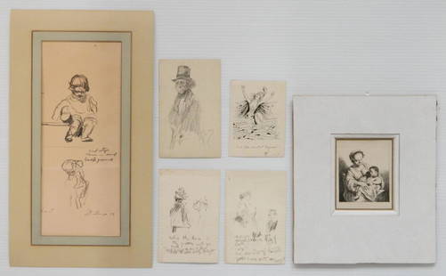 6 Works on paper: 6 Works on paper- 1.) to 4.) Four 19th c. cartoons, 1 by Philip May, signed, and 3 on the back of menus, some grime, various sizes; 5.) Cornelis Pietersz Bega- Mother and Child- etching, appears laid