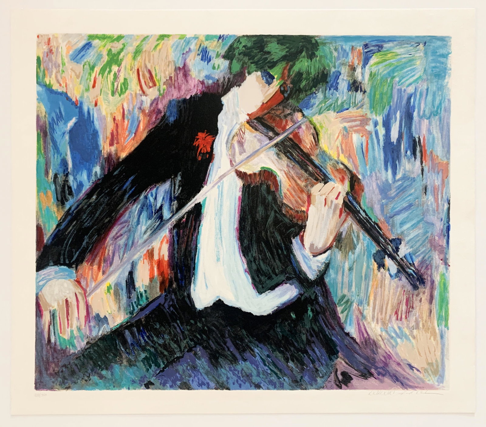 Barbara Wood - 'The Violinist' - Serigraph on Paper - Limited Edition: Barbara Wood (American), ‘The Violinist’, 31.75” x 37.5”, Serigraph on Paper, Limited Edition, #124/350, signed and numbered by the artist. Barbara Wood is an artist who commun