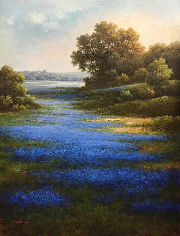 John K. - 'Blue Bells' - Oil on Canvas, Original: John K., ‘Blue Bells’, 36” x 48” x .75”, Stretched on premium wood stretcher bars, Oil on Canvas, Original, signed by the artist. This large original oil painting, signed
