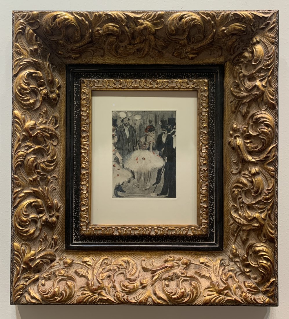 Edgar Degas - 'Virginie being Admired while the Marquis Cavalcanti Looks On' - Etching: Edgar Degas (French, 1834 - 1917), 'Virginie being Admired while the Marquis Cavalcanti Looks On', 19" x 21" Framed Size, 4.5” x 6" Plate Size, #11/350, Soft Ground Etching from a Monotype on BF