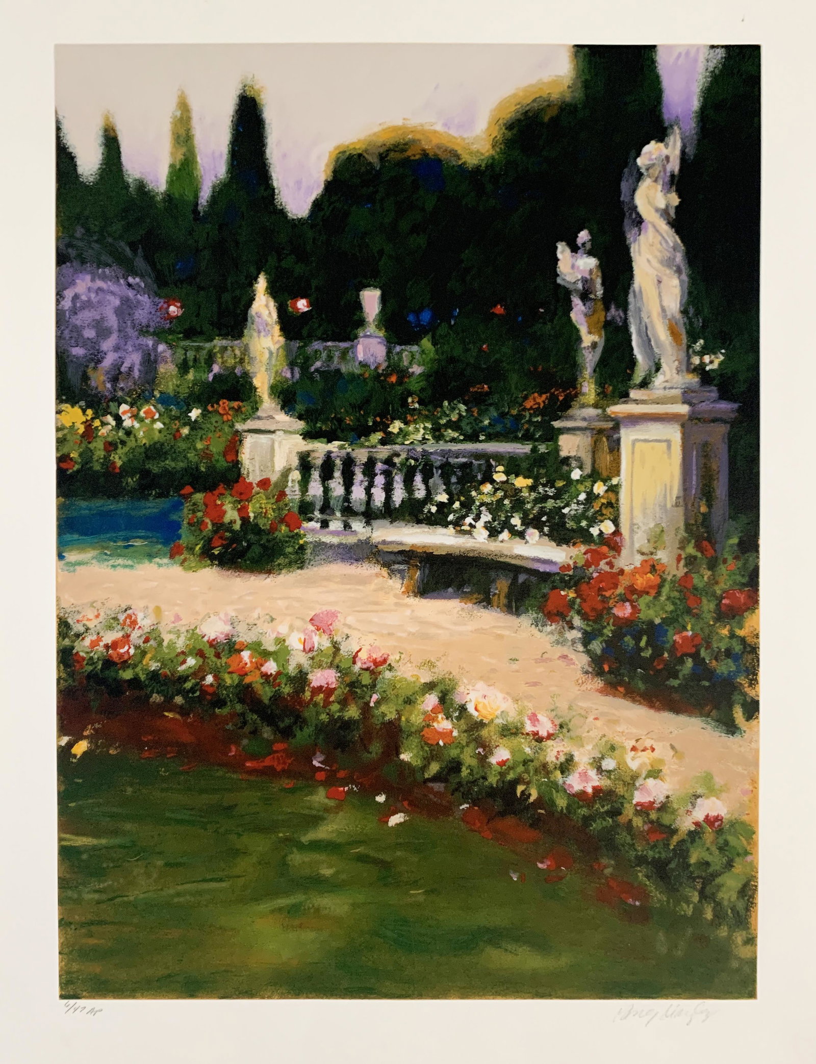 Greg Singley - 'European Garden' - Serigraph on Paper - Limited Edition Artist Proof: Greg Singley, â€˜European Gardenâ€™, 19.5” x 26.5”, Serigraph on Paper, Artist Proof, Limited Edition, #6/47, signed and numbered by the artist. This artwork depicts a classic Eng