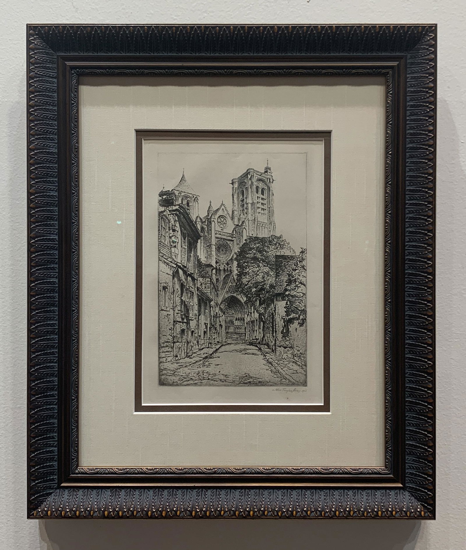 John Taylor Arms (1887-1953) - 'The Cathedral of St. Etienne' - Reproduction Etching on Paper: John Taylor Arms (American, 1887-1953), 'The Cathedral of St. Etienne', 14" x 17" Framed Size, 5.25" x 8" Image Size, Reproduction Etching on Paper from 'Churches of France', signed in the plate, fram
