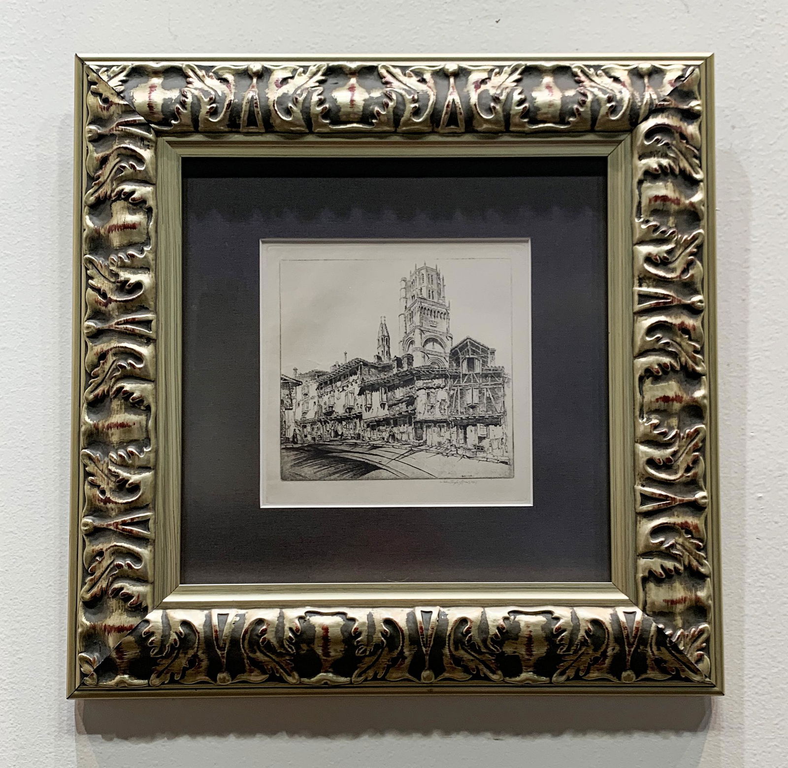 John Taylor Arms (1887-1953) - 'The Cathedral of Ste. Cecile' - Reproduction Etching on Paper: John Taylor Arms (American, 1887-1953), 'The Cathedral of Ste. Cecile', 16" x 16" Framed Size, 5.75" x 5.5" Image Size, Reproduction Etching on Paper from 'Churches of France', signed and dated in the