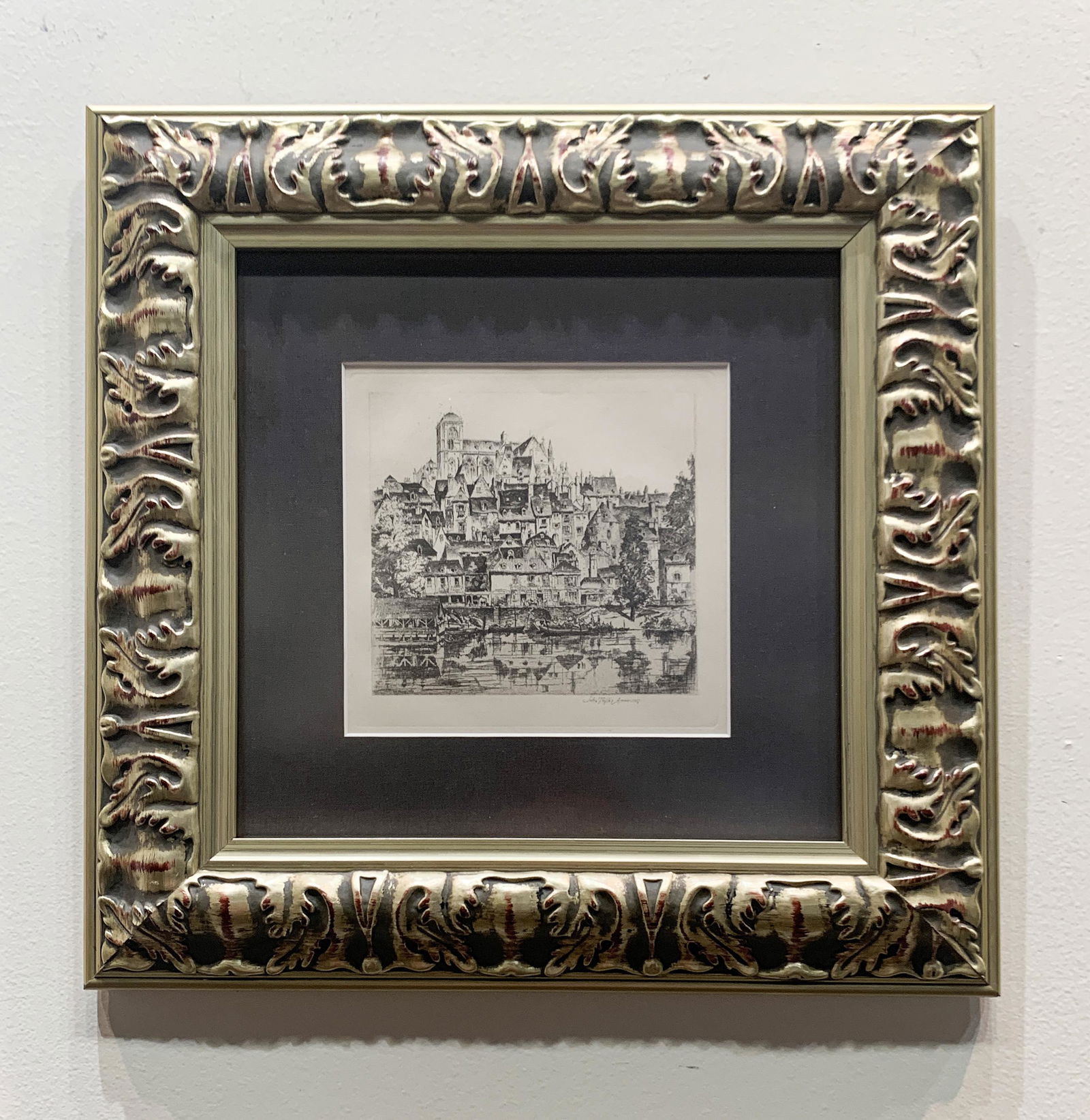 John Taylor Arms (1887 - 1953) - 'Cathedral of St. Julian and The Old Town' - Reproduction Etching: John Taylor Arms (American, 1887-1953), 'Cathedral of St. Julian and The Old Town', 16" x 16" Framed Size, 5.75" x 5.5" Image Size, Reproduction Etching on Paper from 'Churches of France', signed and