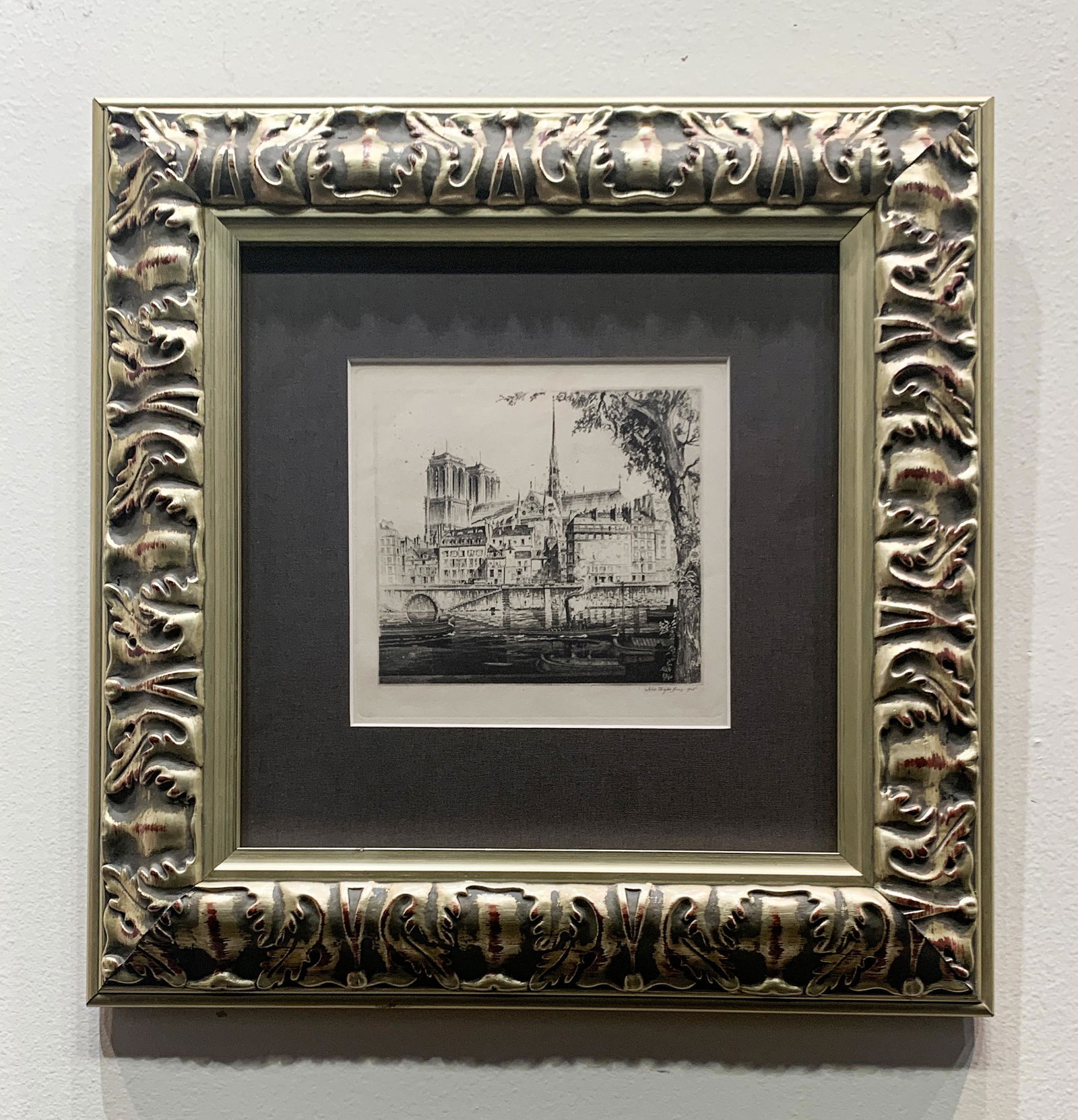 John Taylor Arms (1887 - 1953) - 'Notre Dames De Paris' - Reproduction Etching on Paper: John Taylor Arms (American, 1887-1953), 'Notre Dames De Paris', 16" x 16" Framed Size, 5.75" x 5.5" Image Size, Reproduction Etching on Paper from 'Churches of France', signed and dated in the plate,