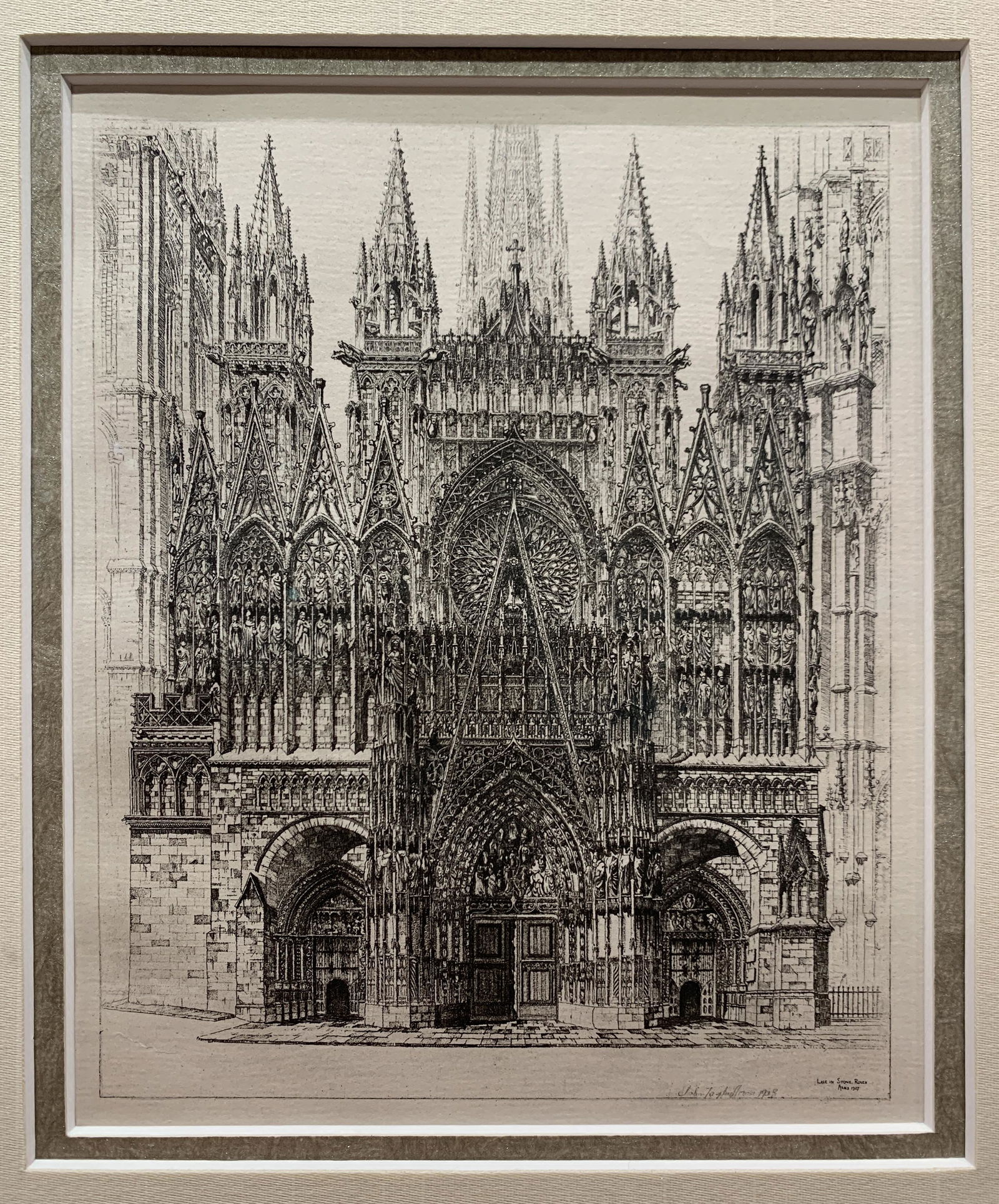 John Taylor Arms (1887 - 1953) - 'Lace in Stone, Rowen Cathedral' - Reproduction Etching on Paper: John Taylor Arms (American, 1887-1953), 'Lace in Stone, Rowen Cathedral', 14.5" x 14.5" Framed Size, 5.75" x 7.25" Image Size, Reproduction Etching on Paper from 'Churches of France', framed in a muse