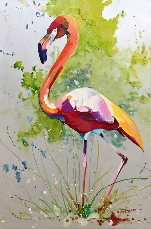 R. Henderson ‘Hot Flamingo’ Original Signed Painting – 24x36: Artist: R. Henderson (b. 1959 -) Korean Title: Hot Flamingo Medium: Original Oil on Canvas Image Size: 24” x 36” – stretched. Signature: Signed by the artist on the front right Galle