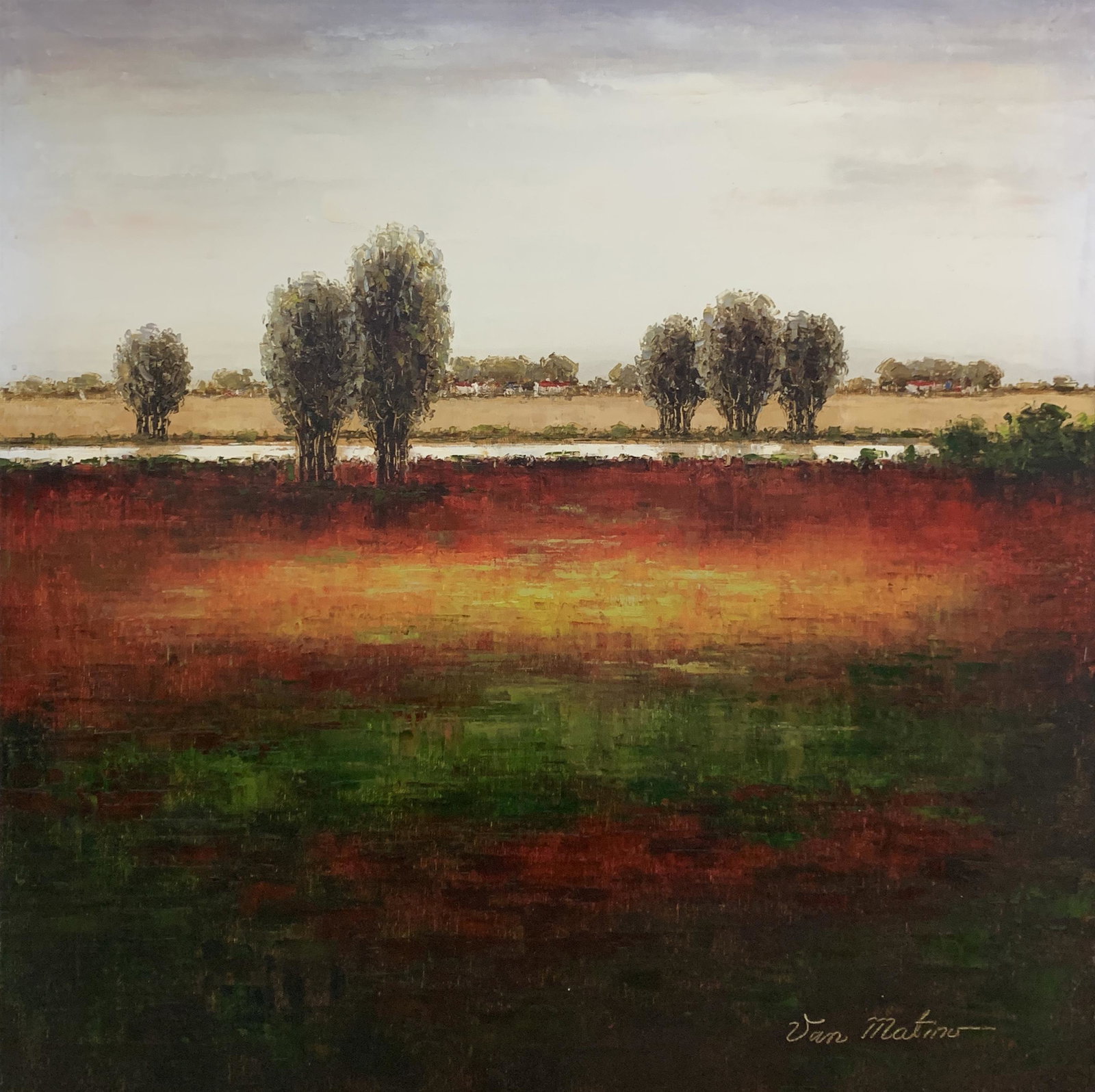 Van Matino ‘Horizon I’ Original Signed Painting – 30x30: Artist: Van Matino (b. 1955 -) Korean Title: Horizon I Medium: Original Oil on Canvas Size: 30” x 30” Signature: Signed by the artist on the bottom right Gallery Certificate & Appraisal Or