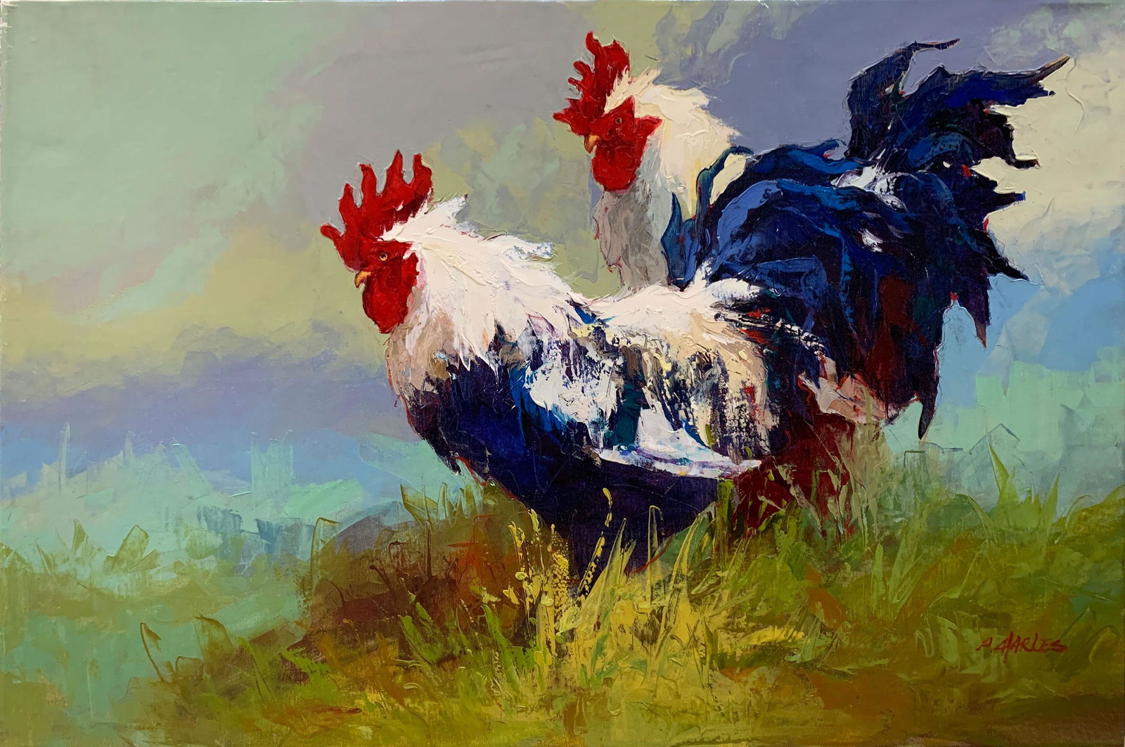 P. Charles ‘Two Roosters’ Original Signed Painting – 36x24 (1 of 5)