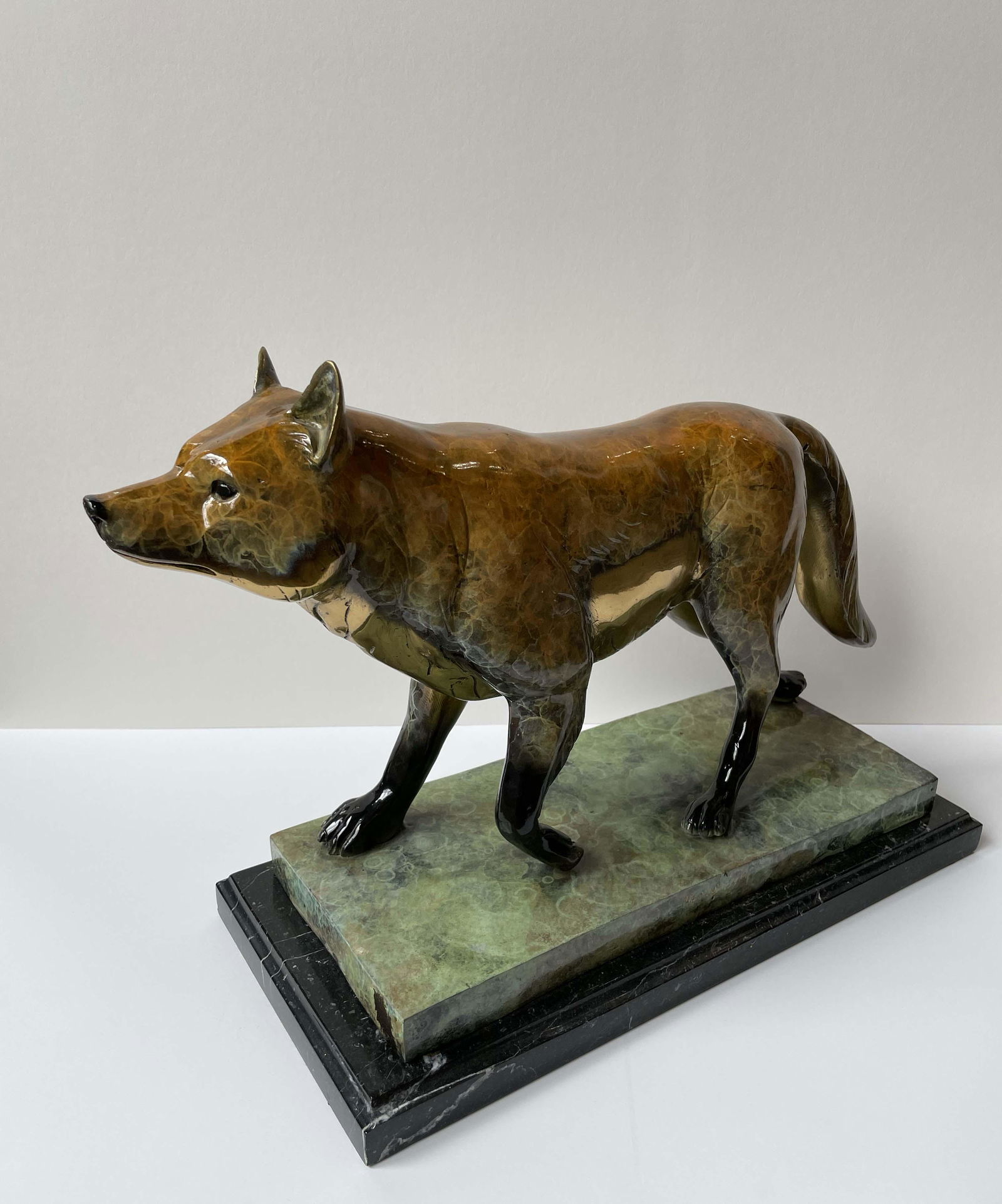 Marius ‘Fox Standing’ Bronze Sculpture – 19x12.5x7: Artist: Marius Title: Fox Standing Medium: Metal Sculpture with a Glazed Patina Finish on a Granite Base Size: 19” W x 12.5” H x 7” D Limited Edition: #1/200 Signature: Etched signat
