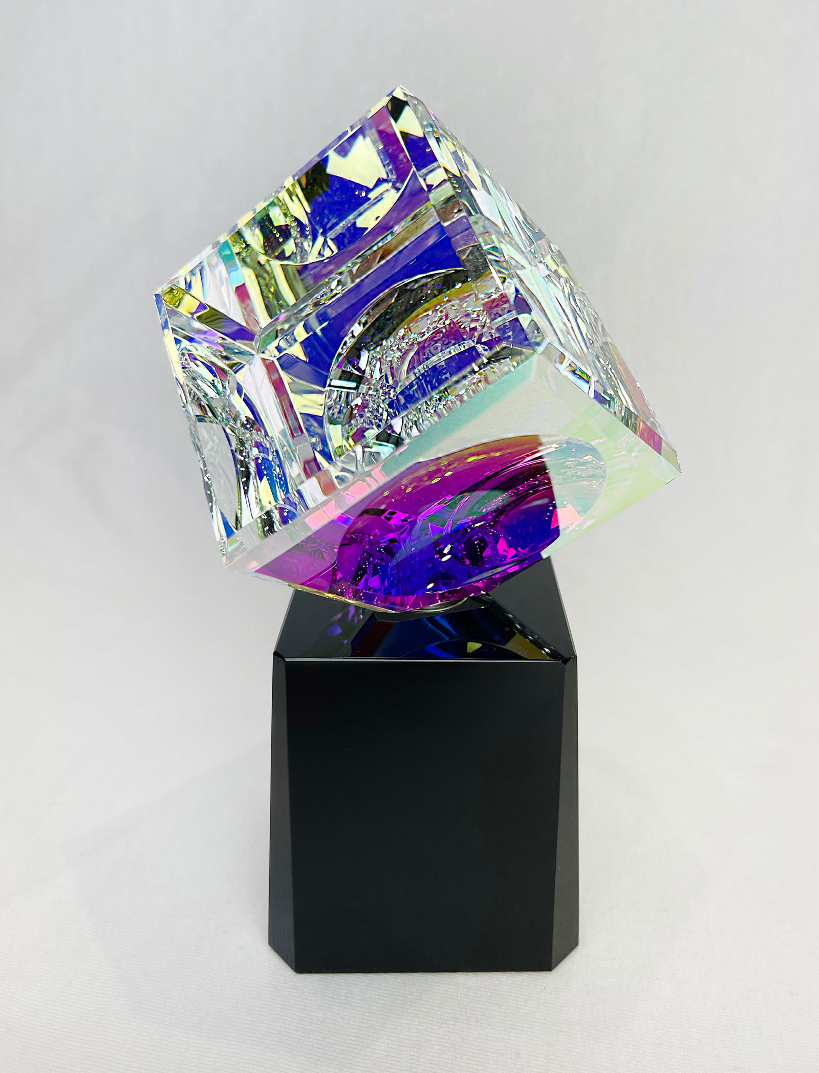 Harold Lustig 'Single Cube on Turntable Pedestal' Crystal Cube Sculpture - 3.5x3.5x7.5 (1 of 4)