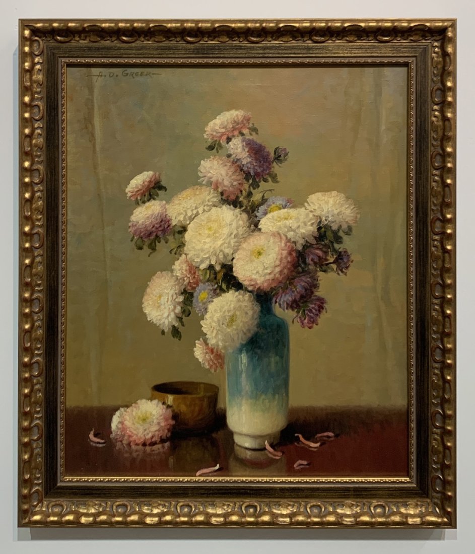 A.D. Greer ‘Chrysanthemums’ Original Signed Painting – 24.5x28.5: Artist: A.D. Greer (1904 -1998) American Title: ChrysanthemumsMedium: Original Oil on CanvasSize: 20” x 24”Framed Size: 24.5” x 28.5”Signature: Signed in the lower margins by t