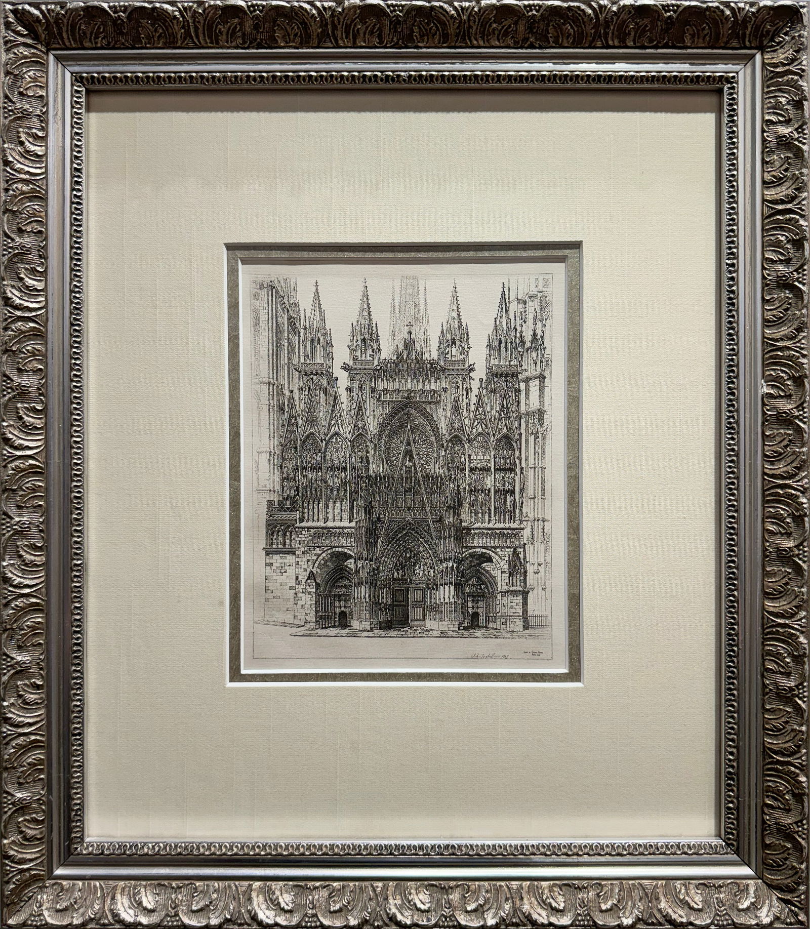 John Taylor Arms "Lace in Stone: Rouen Cathedral" - Framed After Etching - 14.5x16.75: This lot includes FREE domestic shipping. Artist: John Taylor Arms (1887-1953) American Title: Lace in Stone: Rouen Cathedral Medium: After Etching on Paper Frame Size: 14 1/2 x 16 3/4 Signature: Sig