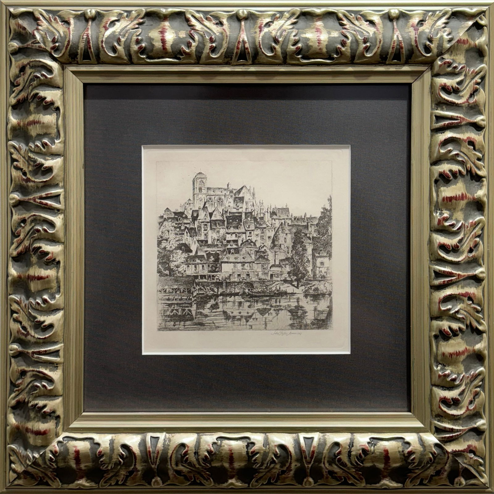 John Taylor Arms "Cathedral of St. Jullian and the Old Town" - Framed After Etching - 16x16: This lot includes FREE domestic shipping. Artist: John Taylor Arms (1887-1953) American Title: Cathedral of St. Julian and The Old Town Medium: Etching on Paper Image Size: 5in x 5in Frame Size: 16in