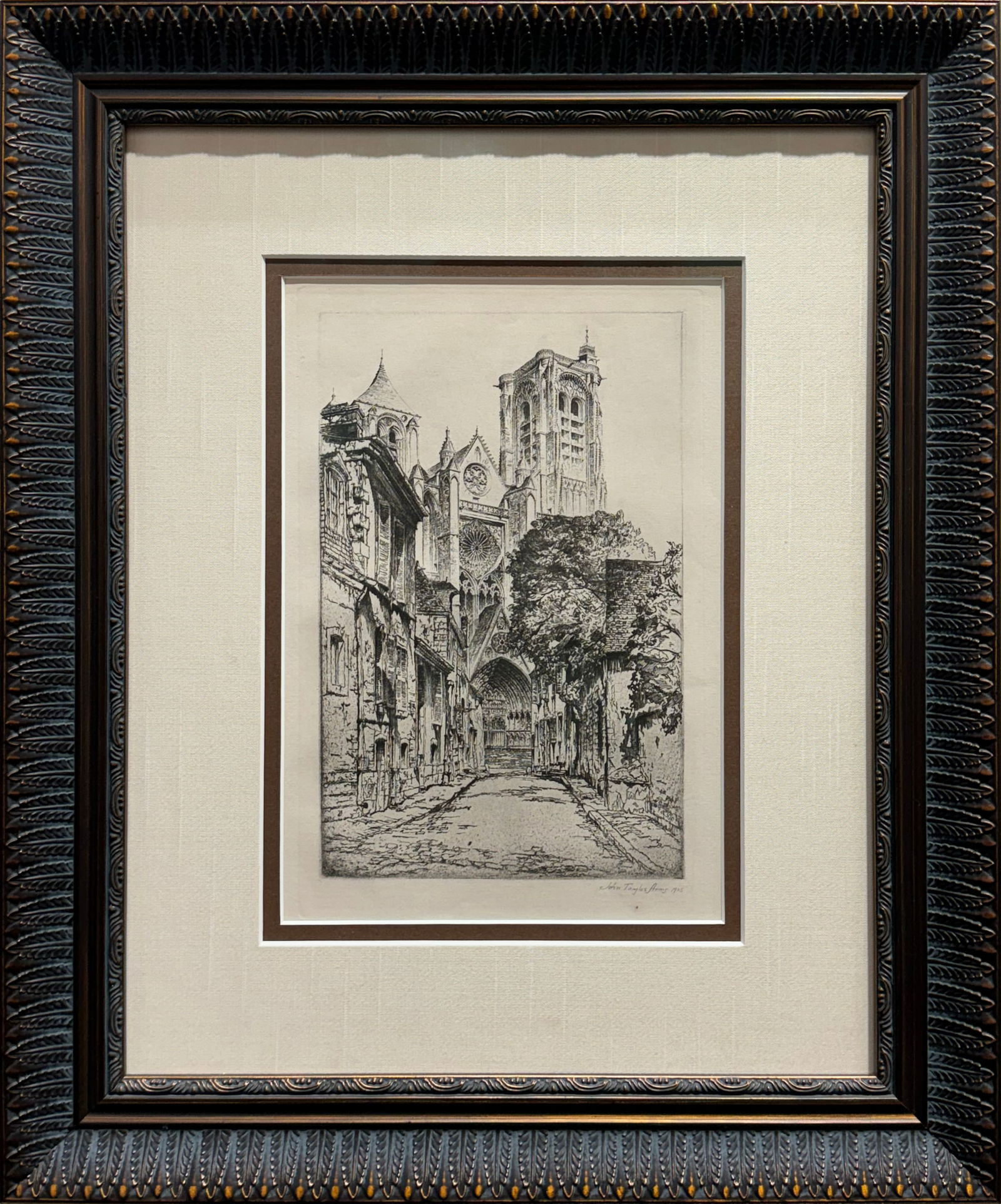 John Taylor Arms "Cathedral of St. Etienne" - Framed Etching - 14x17: Artist: John Taylor Arms (1887-1953) American Title: The Cathedral of St. Etienne Medium: Etching on Paper Plate Size: 5.25”w x 8”h Frame Size: 14”w x 17”h Edition: Open Signa