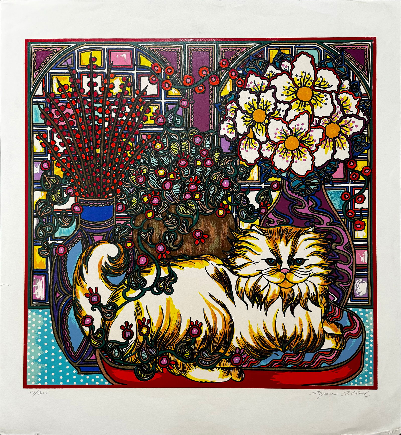 Mara Abboud 'Stained Glass Cat' Signed and Numbered Serigraph on Paper - 25x25 (1 of 9)
