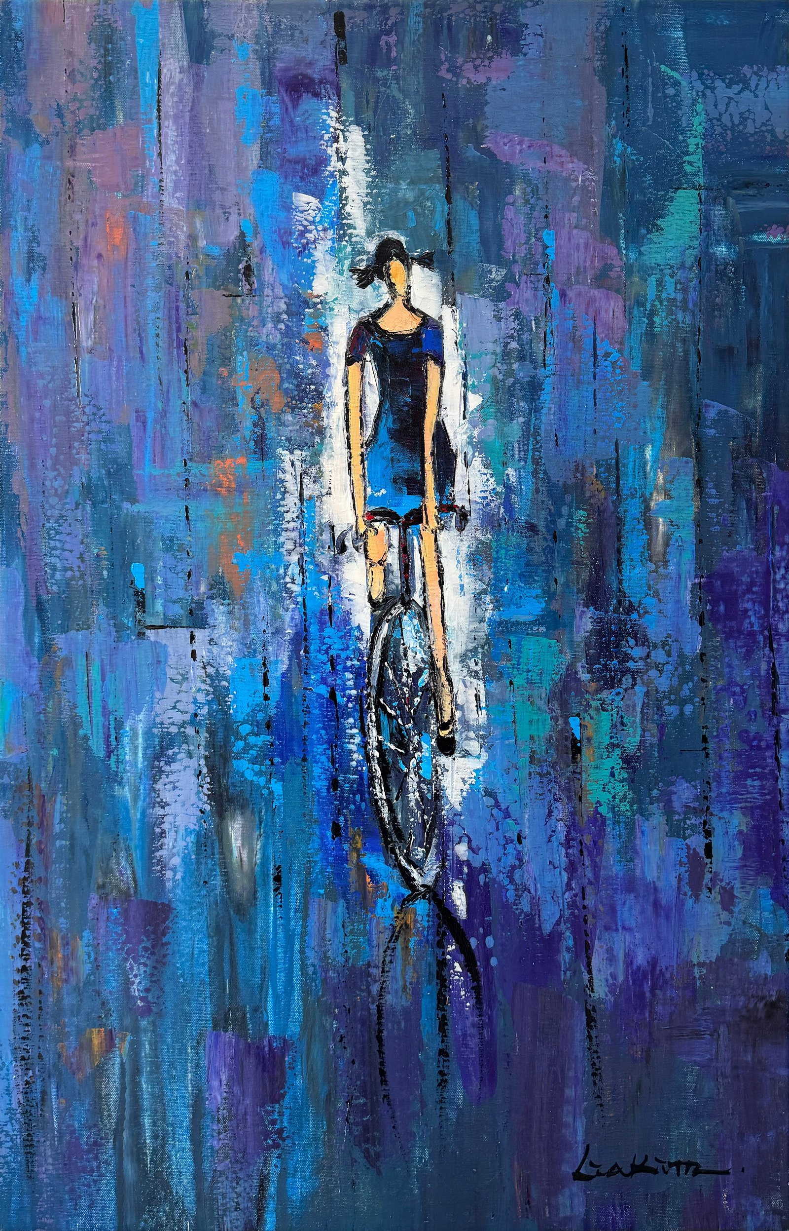 Lia Kim "Afternoon Bike Ride" Original Oil Painting on Canvas - 33.5x21.5: Artist: Lia Kim (b.1972) Korean Title: Afternoon Bike Ride Medium: Oil on Canvas Canvas Size: 21.5”w x 33.5”h Edition: Original A gallery appraisal and certificate of authenticity will be 