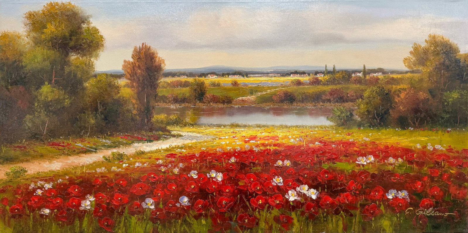 C. Giliano 48x24 Original Painting: Artist: C. Gilliano (b.1946-) Korean Title: Poppy Meadow Medium: Oil on Canvas Size: 48”W x 24”H Edition: Original Signature: Signed on bottom right corner.. Certificate of authenticity and galler