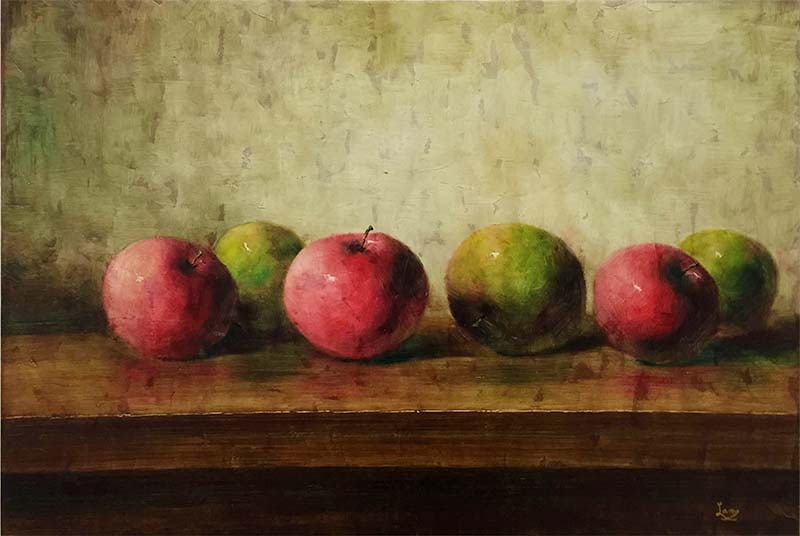 Lang 36x24 Signed Original Still Life Painting: Artist: Lang Title: Red and Green Apples Medium: Oil on Canvas Artwork Size: 36”w x 24”h Edition: Original Signature: Bottom right corner. A gallery appraisal and certificate of authenticity will 