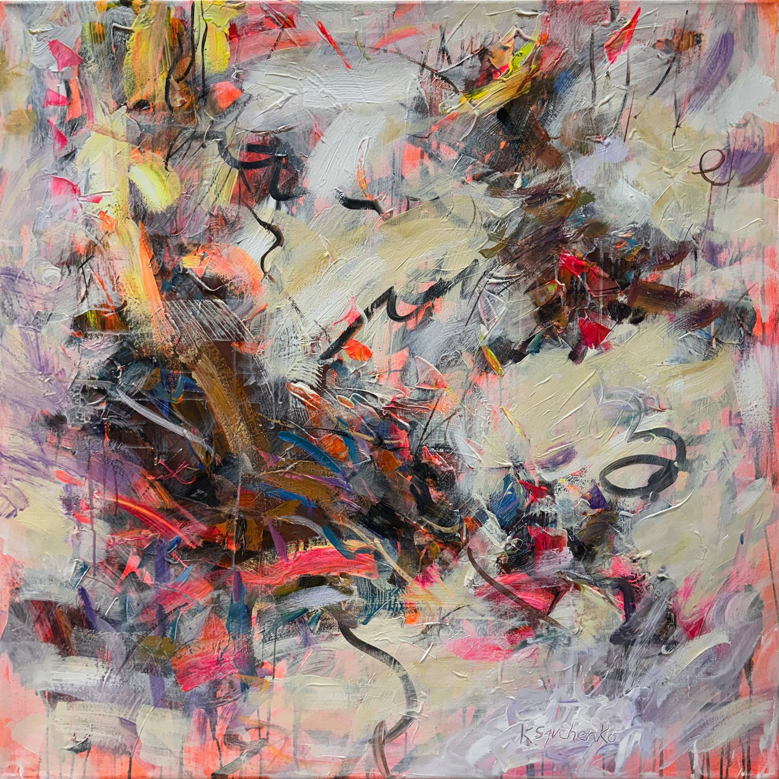 Konstantin Savchenko 40x40 Original Painting: Artist: Konstantin Savchenko (b.1968-) Ukrainian Title: Color Jazz Medium: Oil on canvas Size: 40”w x 40”h Edition: Original Signature: Signed on bottom right corner. Certificate of Authenticity a
