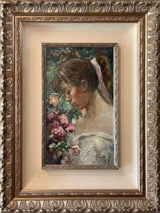 Jose Royo 24x31 Framed Original Signed Painting: Artist: Jose Royo (b.1945) Spanish  Title: Frangancia Medium: Oil on Canvas Canvas Size: 11 w x 18 h Frame Size: 24 w x 31 h Edition: Original Signature: Signed on bottom right corner. Year: ca. 2000&