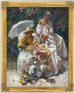 Jose Royo 51x60 Large Framed Original Painting: Artist: Jose Royo (b.1945) Spanish  Title: La Mesa del Jardin Medium: Oil on Canvas Artwork Size: 45 w x 58 h Frame Size: 51 w x 60 h Edition: Original Signature: Signed on bottom right corner. Year: