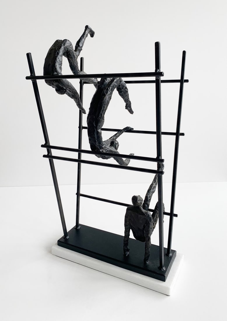 Global Views 22 inch tall Vortex Sculpture: Artist: Global Views Title: Vortex Medium: Natural and oxidized brass with marble base Size: 12 w x 22 h x 9.5 d Edition: Open Weight: 17lbs. Artist Biography These gymnasts p